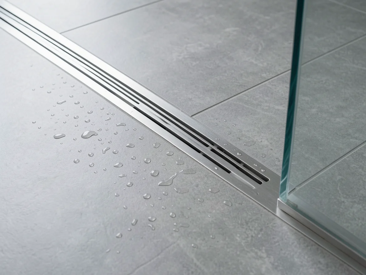 Caniveau de douche en inox encastré au ras d'un carrelage gris