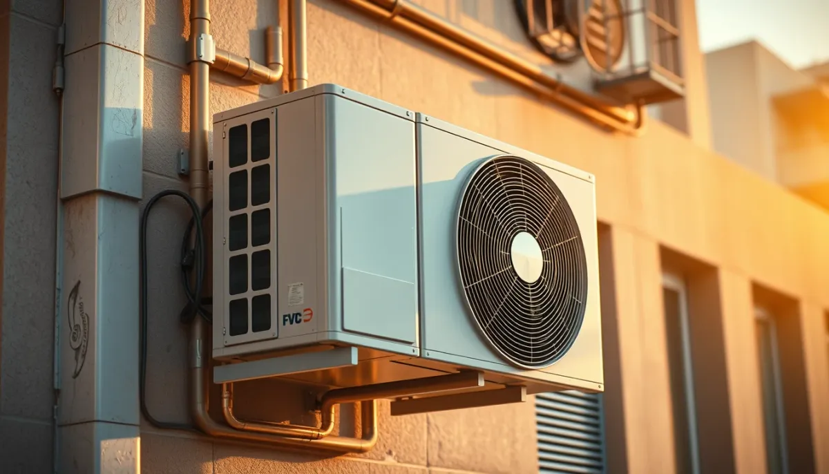 Unité extérieure de climatisation fixée sur une façade avec supports muraux