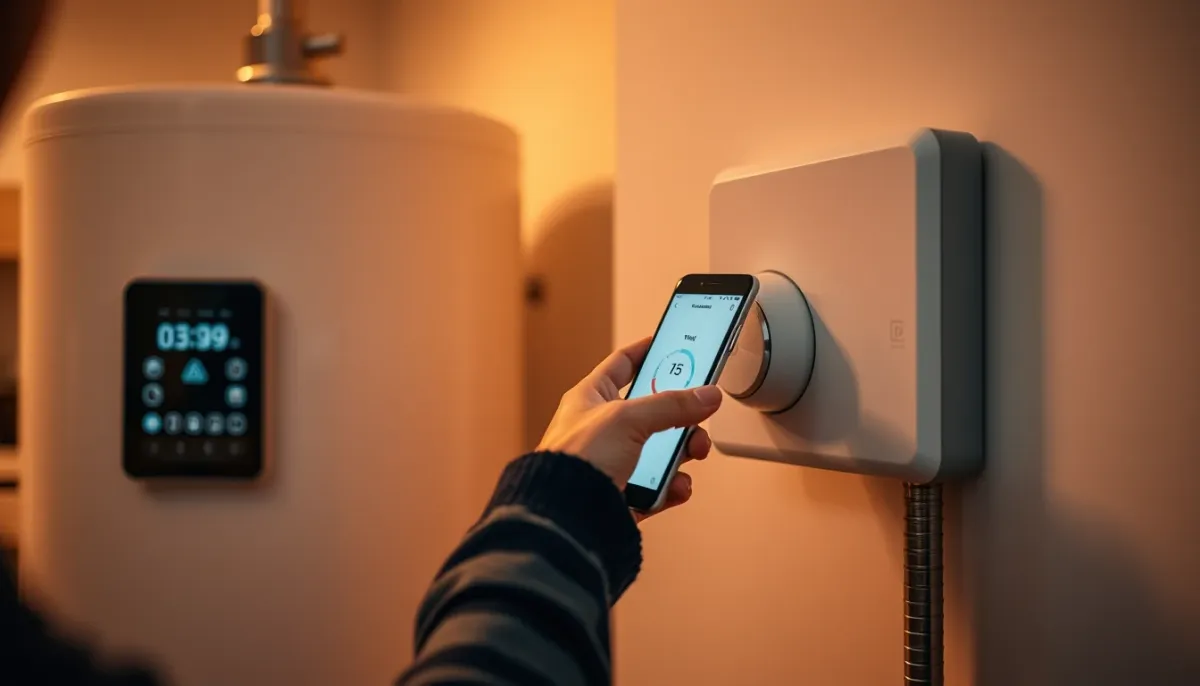 Utilisateur pilotant un chauffe-eau connecté Thermor via son smartphone
