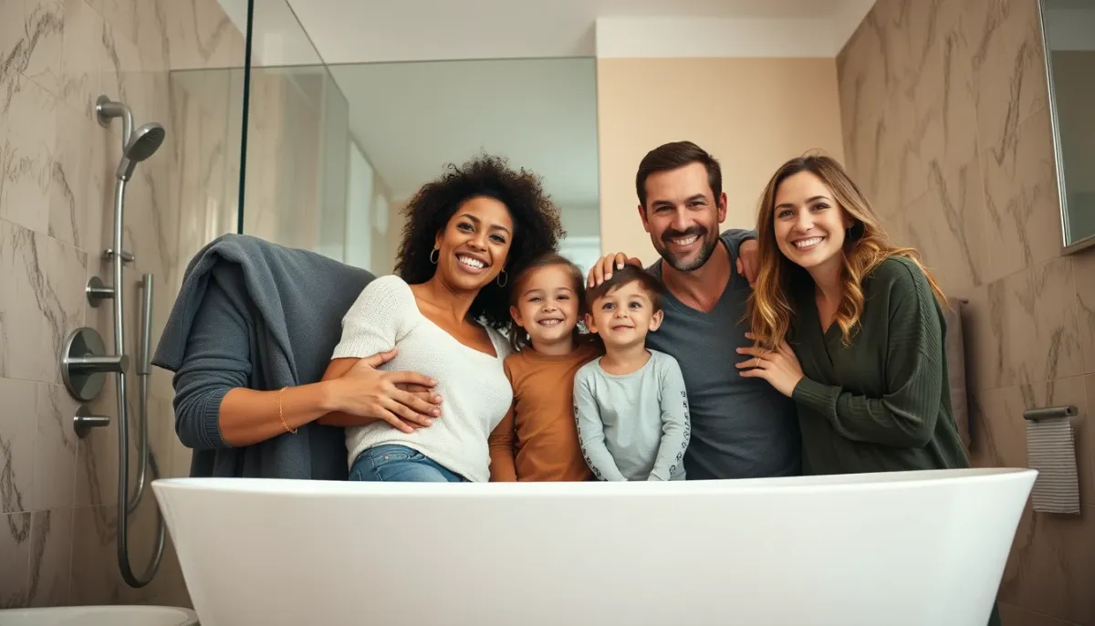 Famille profitant d'une salle de bains avec un chauffe-eau Thermor adapté