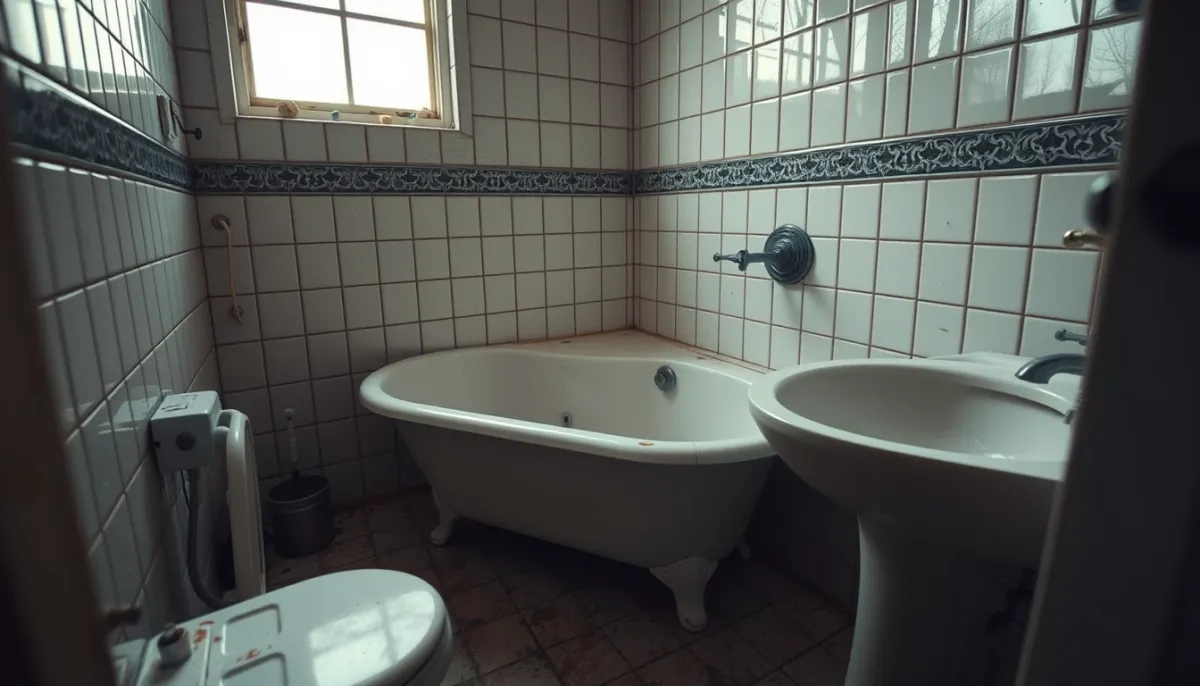 Salle de bains ancienne avec baignoire vétuste avant rénovation