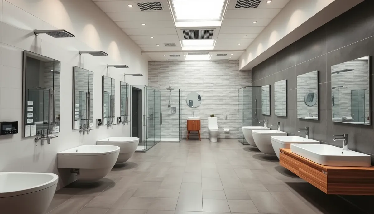Showroom de salles de bains présentant différents modèles de douches