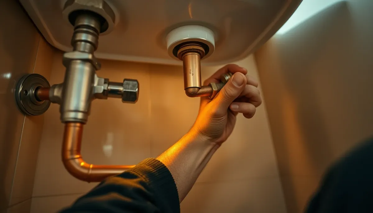 Plombier installant des tuyaux de cuivre sous un lavabo lors d'une rénovation de salle de bains