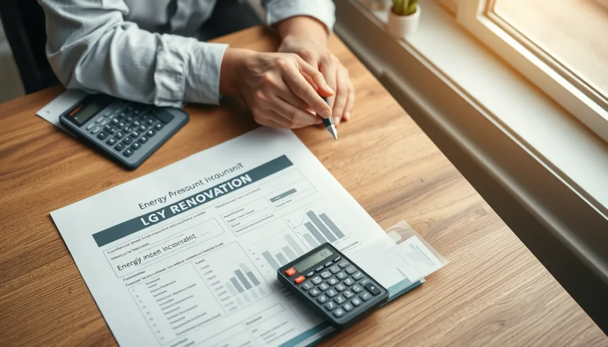 Mains examinant des documents de rénovation énergétique et une calculatrice