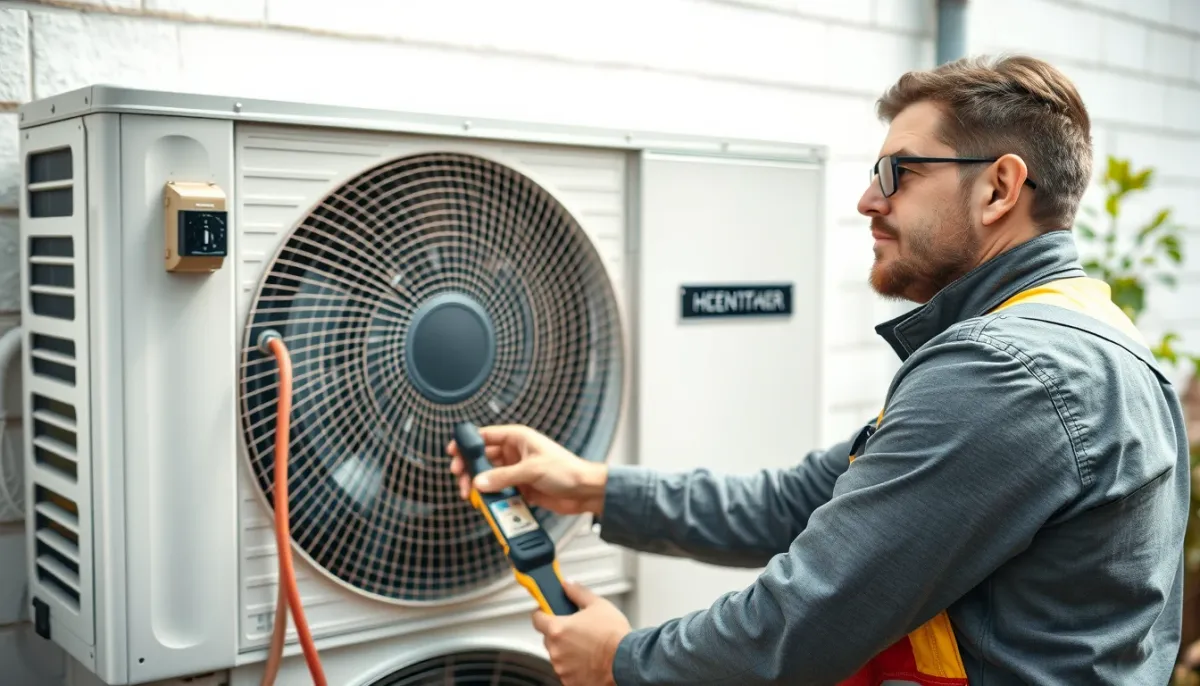 Technicien installant une pompe à chaleur air/eau à l'extérieur