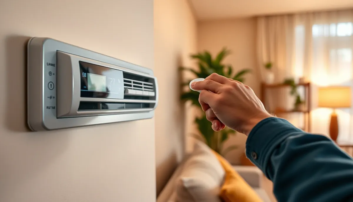Personne réglant la télécommande d'une climatisation réversible pour optimiser le chauffage