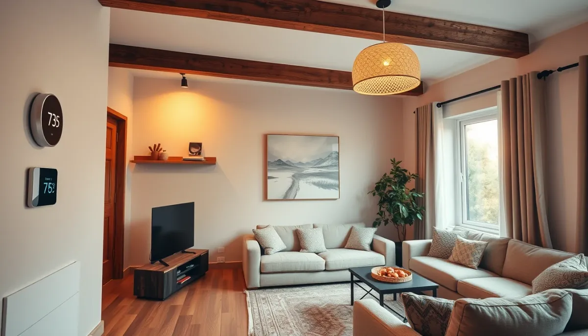 Intérieur confortable avec thermostat réglé, illustrant le confort thermique