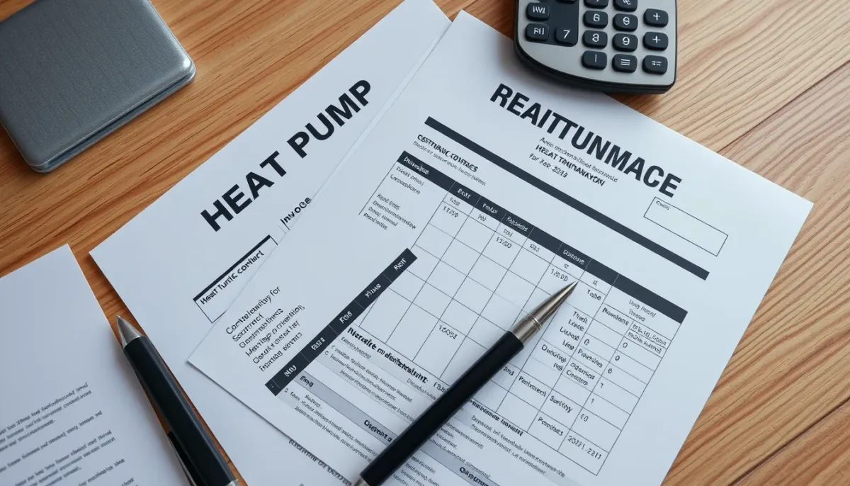 Facture et contrat d'entretien d'une pompe à chaleur sur un bureau