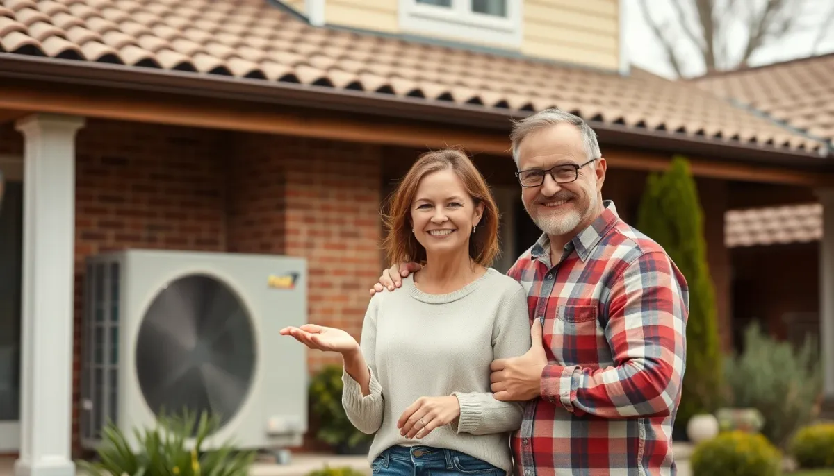 Propriétaires satisfaits devant leur maison avec une pompe à chaleur