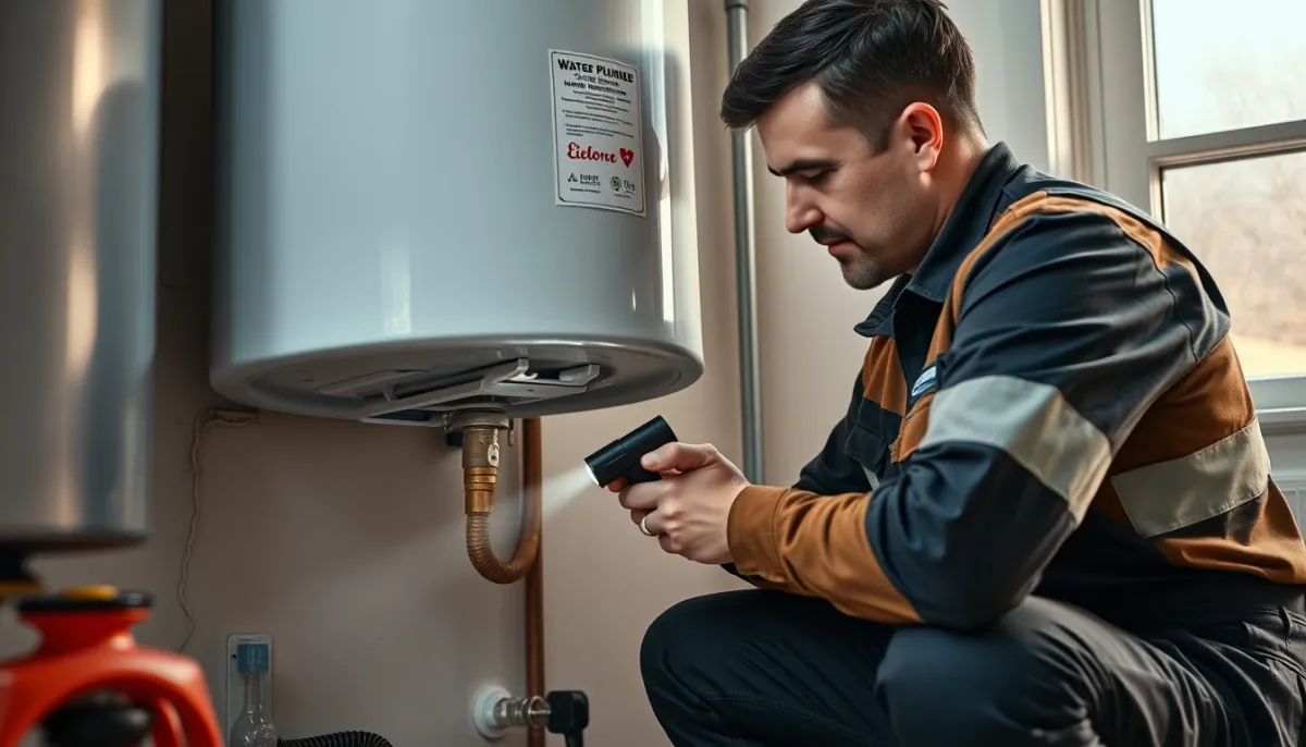 Plombier professionnel inspectant le bas d'un chauffe-eau avec une lampe torche