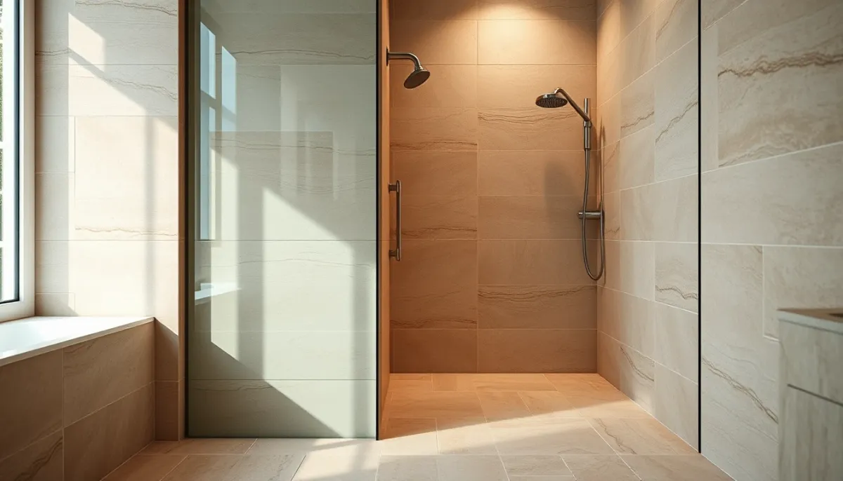 Douche carrelée avec grands carreaux et joints époxy, vue de côté