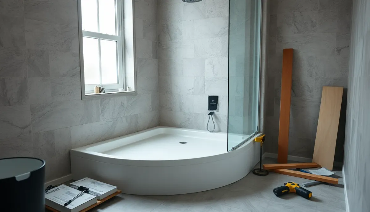 Chantier de rénovation de salle de bains avec pose d'un receveur extra-plat