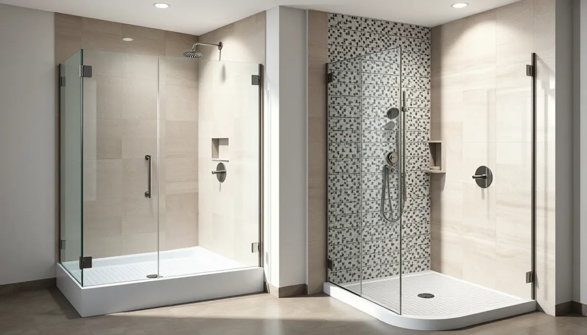 Comparaison côte à côte d'une douche avec receveur extra-plat et d'une douche carrelée