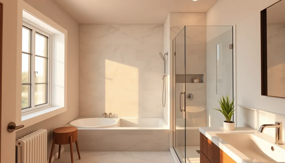 Salle de bains terminée avec douche à l'italienne, lumière dorée