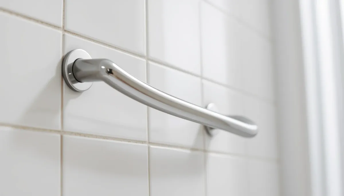 Barre d'appui en inox fixée sur un mur carrelé de salle de bains
