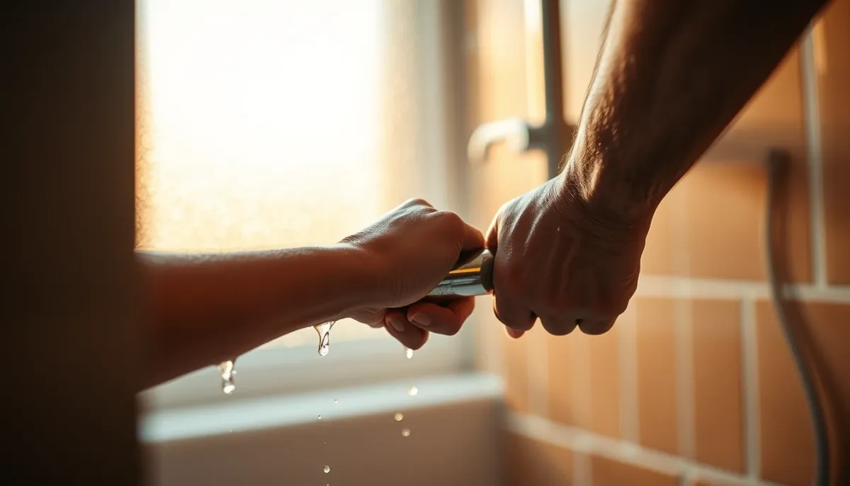 Mains d'une personne âgée s'agrippant à une barre d'appui dans une douche