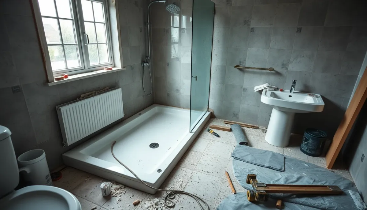 Chantier de rénovation d'une salle de bains avec receveur extra-plat en cours d'installation