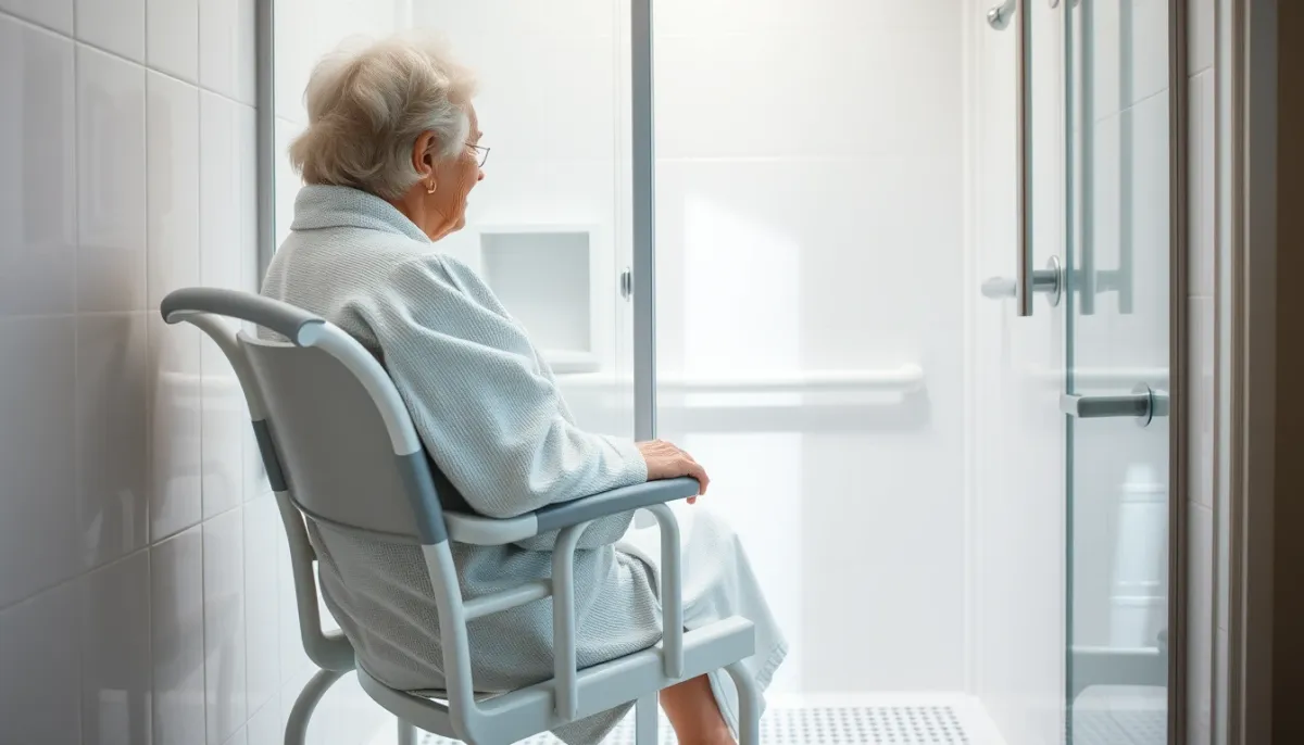 Femme âgée assise sur un siège de douche dans une douche accessible