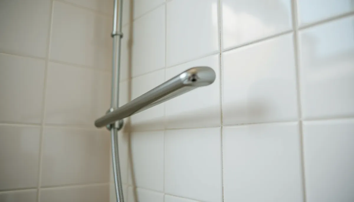 Barre d'appui fixée sur un mur de salle de bains carrelé pour prévenir les chutes