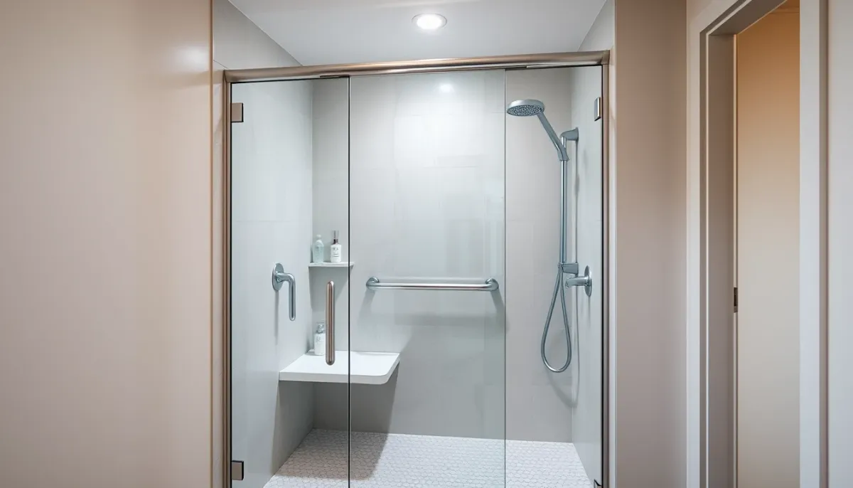 Douche de plain-pied moderne avec siège intégré et paroi en verre