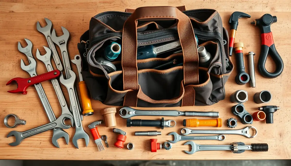 Outils de plombier professionnel disposés sur un établi, vue de dessus