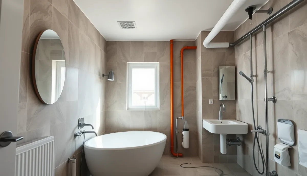 Rénovation de salle de bains en cours avec installation de plomberie moderne