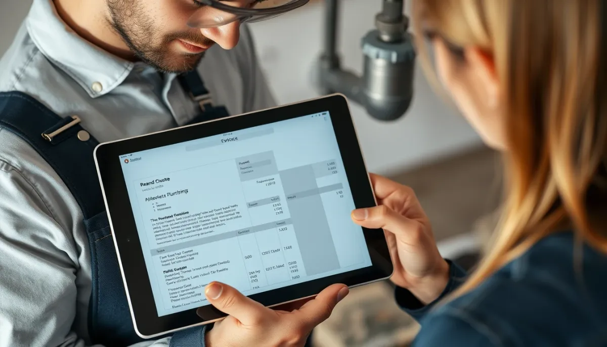 Plombier et client examinant un devis détaillé sur une tablette