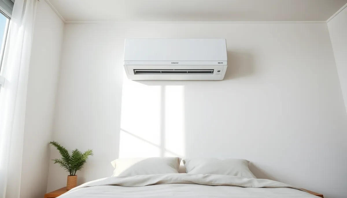 Climatiseur mural Daikin installé dans une chambre à coucher moderne et épurée