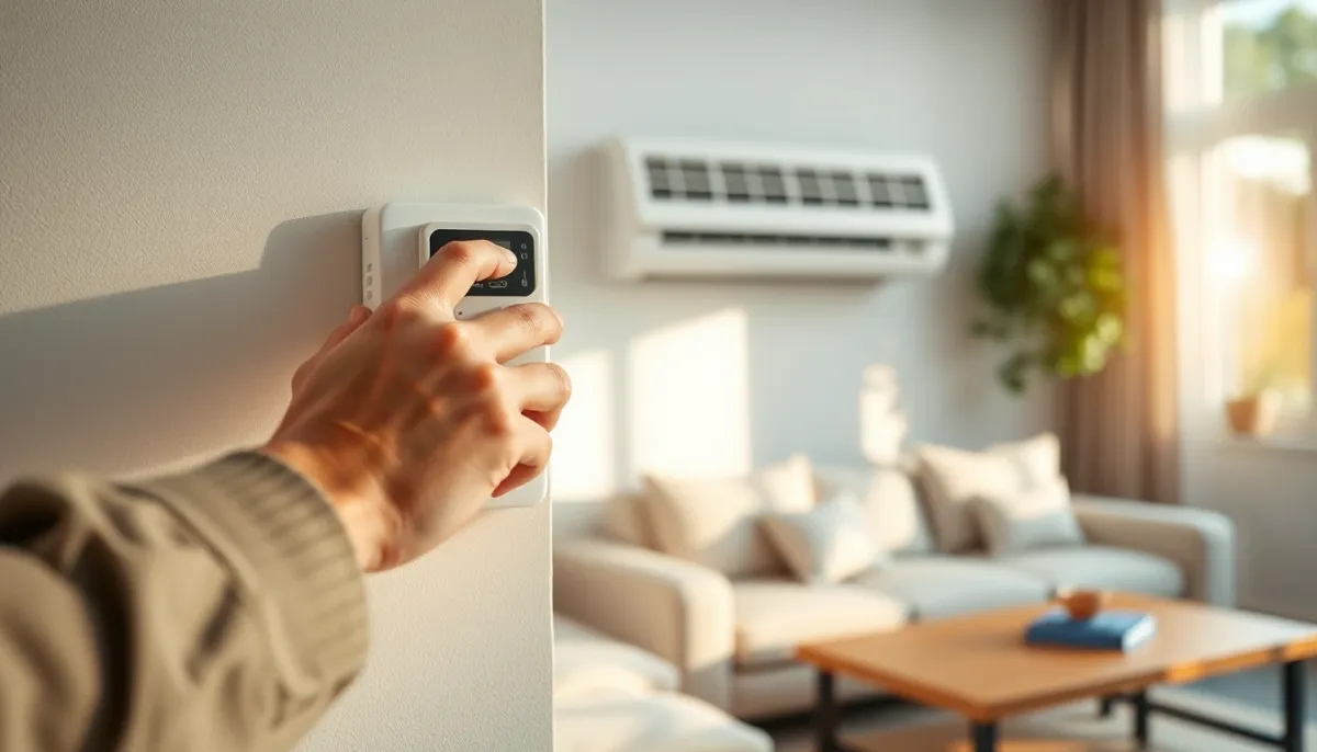 Main réglant la télécommande d'une climatisation réversible murale dans un salon