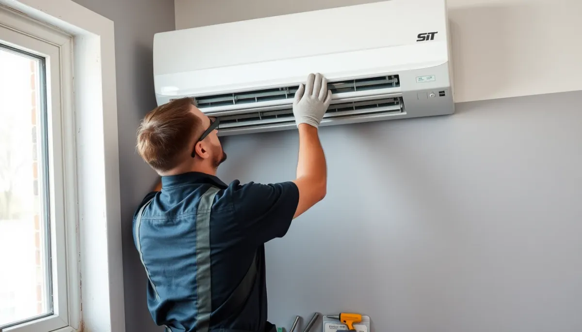 Technicien installant une unité de climatisation murale dans une pièce en rénovation