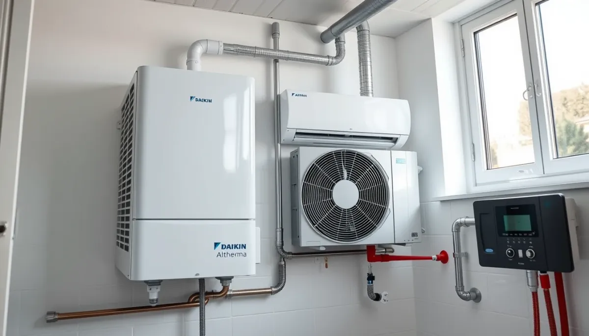 Unité intérieure et ballon d'eau chaude de la pompe à chaleur Daikin Altherma dans un local technique