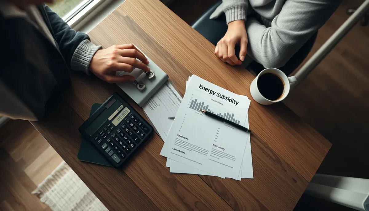 Propriétaire examinant des documents de subventions énergétiques avec une calculatrice