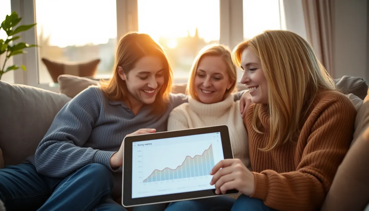 Famille consultant les économies d'énergie sur une tablette dans un salon confortable