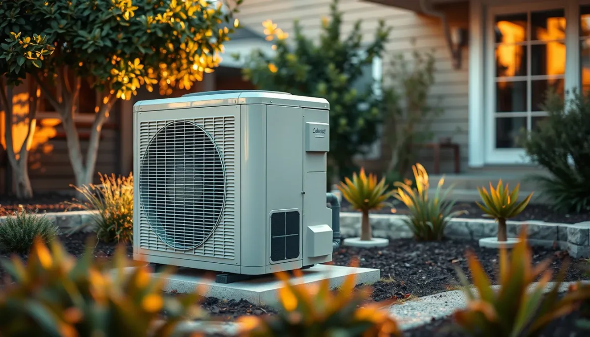 Unité extérieure de climatisation entretenue dans un jardin