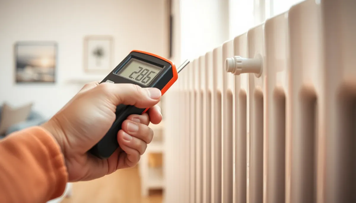 Mesure de la température de surface d'un radiateur en fonte avec un thermomètre infrarouge