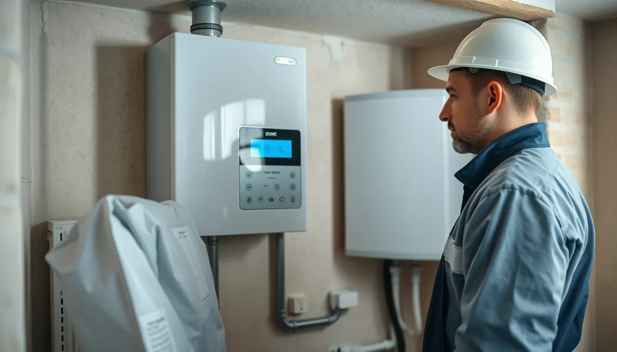 Technicien chauffagiste vérifiant une chaudière gaz et le tableau de commande d'une pompe à chaleur