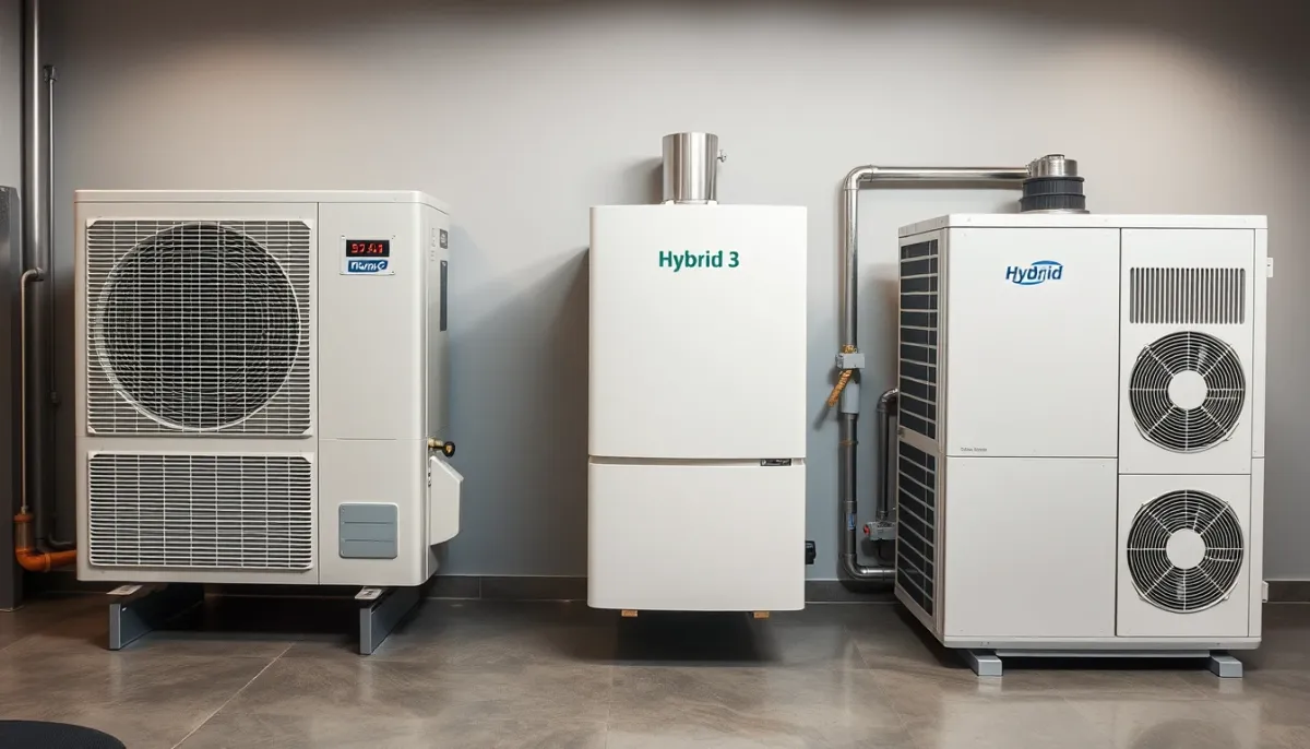 Comparatif visuel entre une PAC air/eau, une chaudière gaz à condensation et une PAC hybride