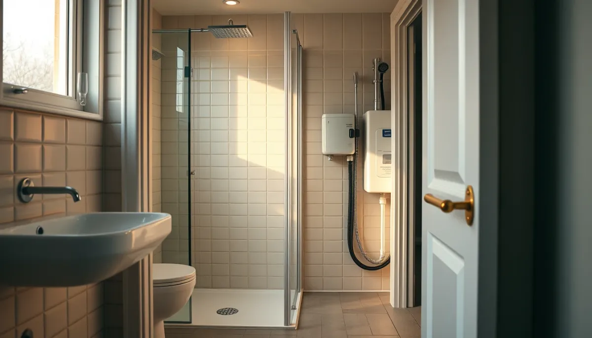 Salle de bains moderne avec chauffe-eau discret en arrière-plan