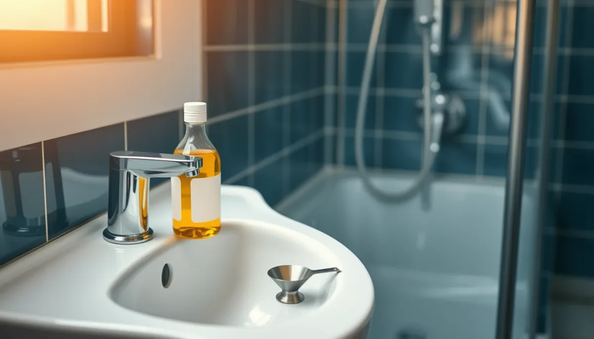 Flacon d'huile végétale posé près d'une douche pour éviter l'évaporation du siphon