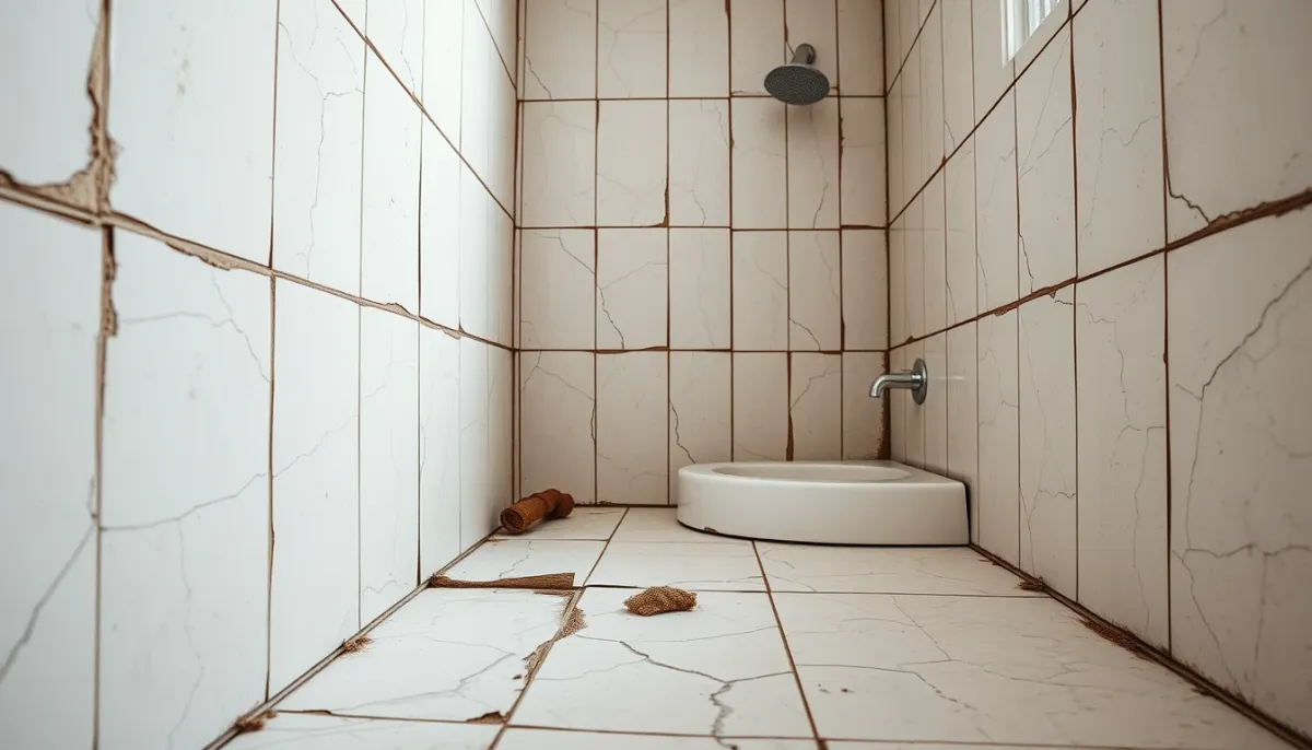 Carrelage abîmé et joints sales dans une salle de bains