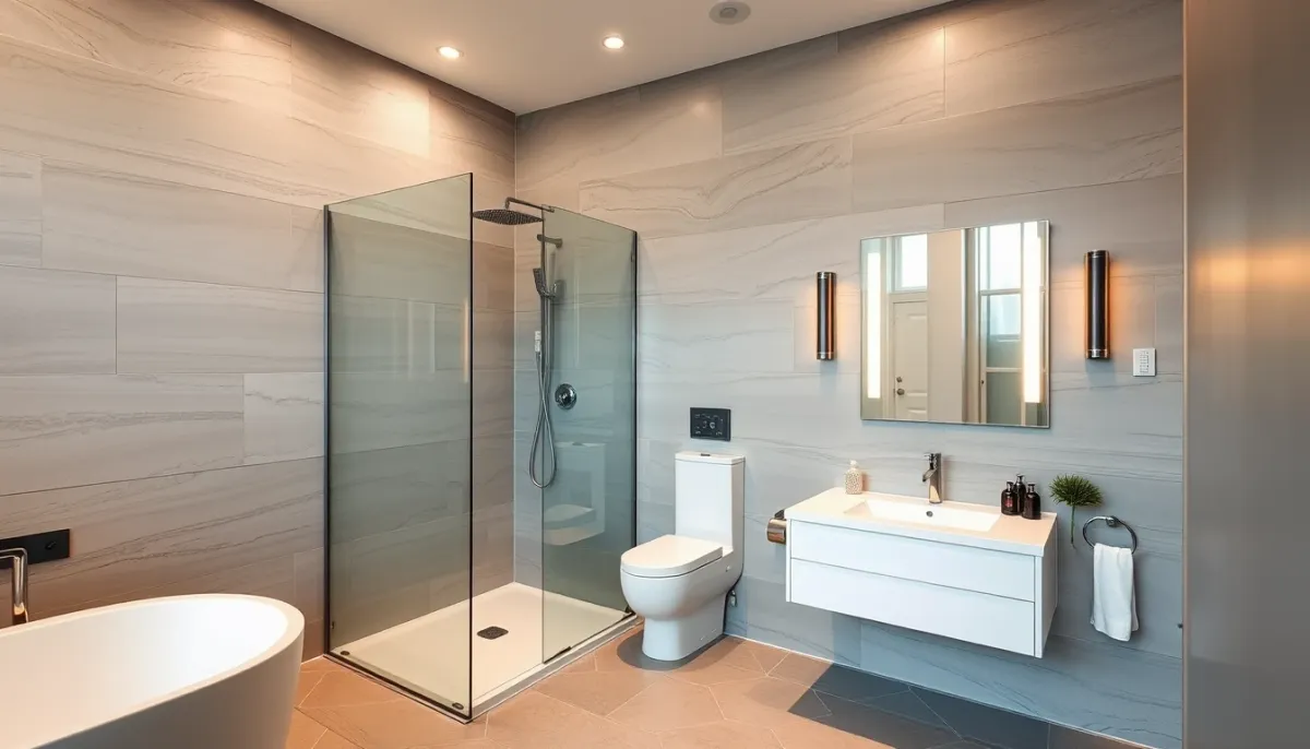 Salle de bains contemporaine avec panneaux muraux installés