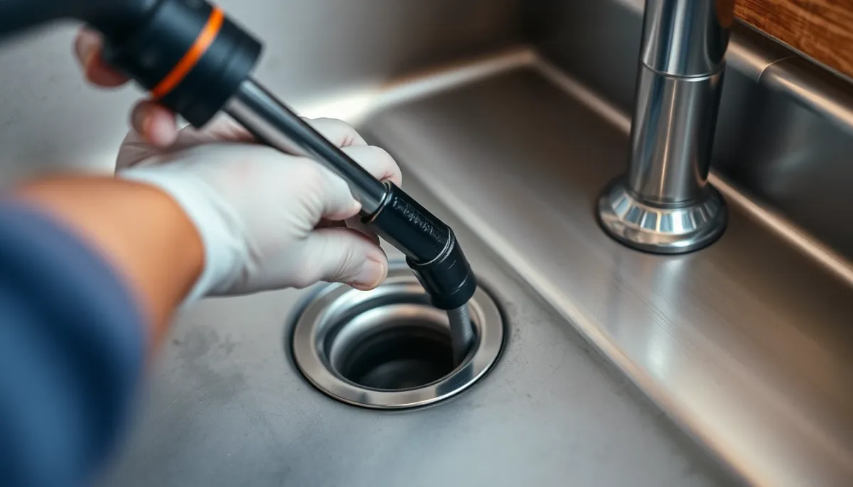 Un plombier utilisant un furet manuel pour déboucher un évier de cuisine