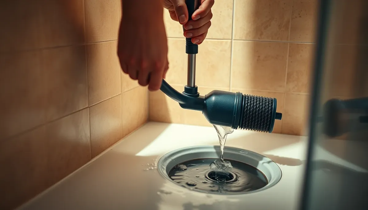 Un particulier utilisant une ventouse pour déboucher une douche, alternative économique au plombier