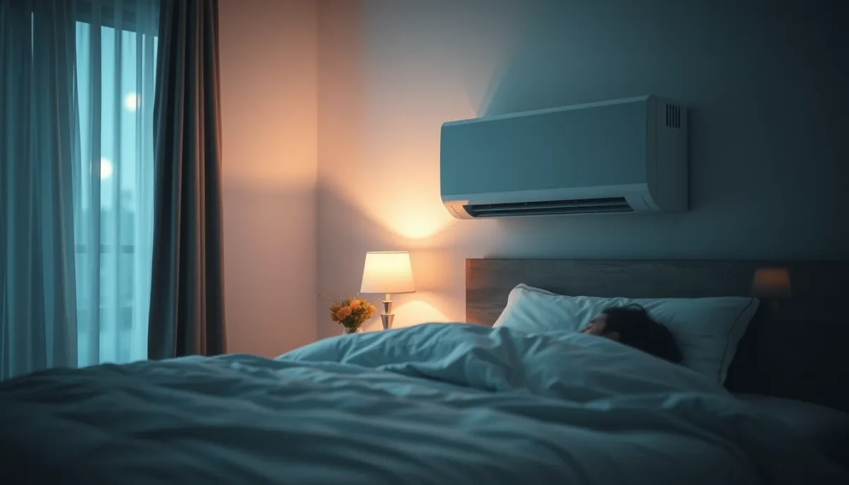 Chambre apaisante avec climatisation Mitsubishi silencieuse en fonctionnement nocturne