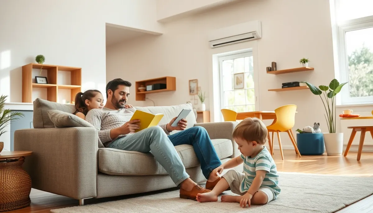 Famille profitant d'un intérieur confortable avec climatisation Mitsubishi silencieuse