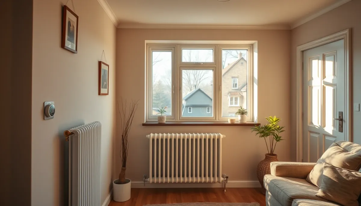 Salon d'une maison des années 80 équipé d'un radiateur basse température et d'un thermostat