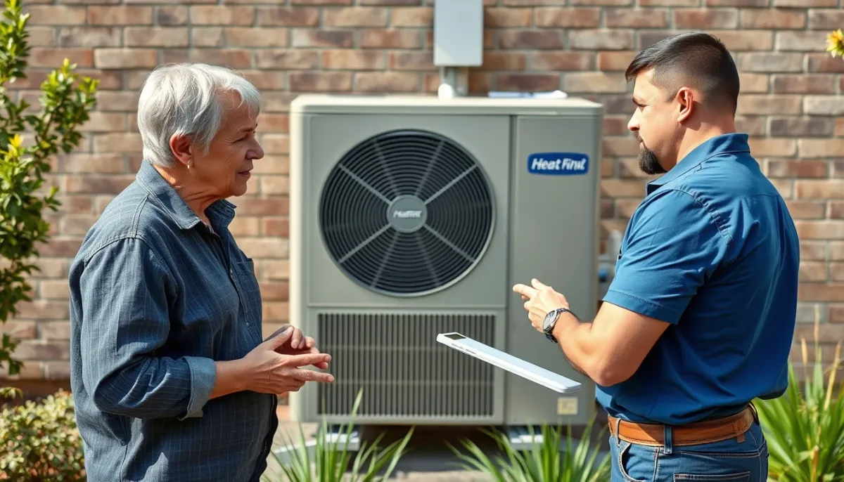Propriétaire et installateur devant une pompe à chaleur Mitsubishi Ecodan lors d'une consultation