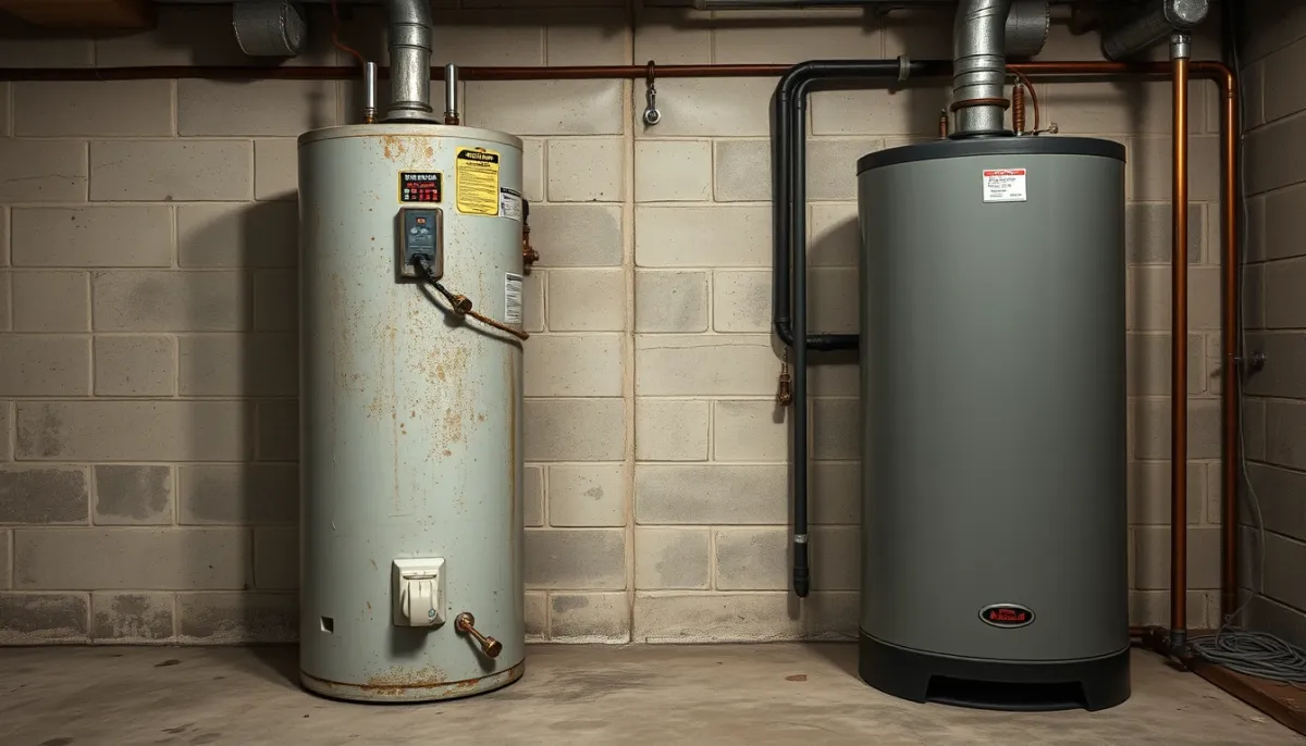 Comparaison entre un ancien chauffe-eau corrodé et un modèle neuf dans un sous-sol