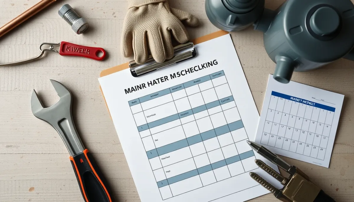 Outils d'entretien et calendrier de maintenance posés sur un établi, vue de dessus