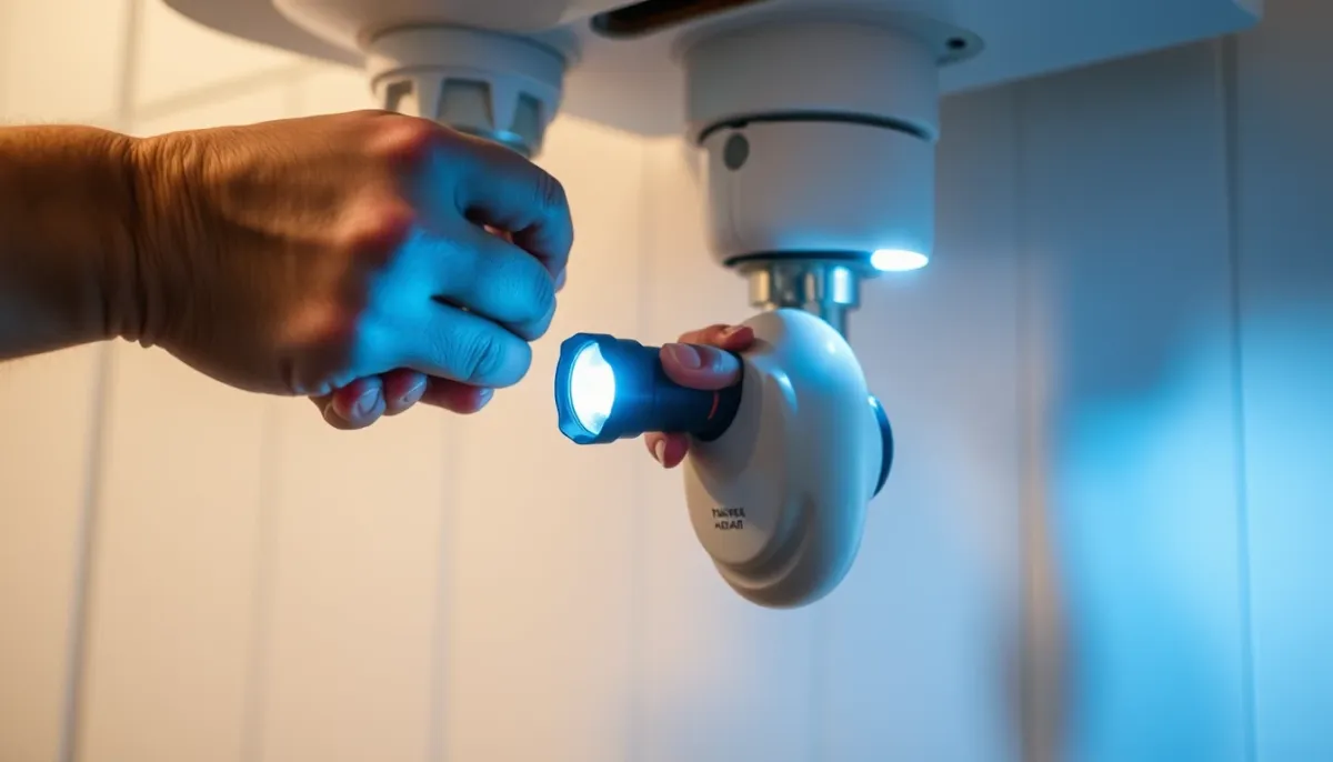 Vérification d'une fuite sous un lavabo avec une lampe torche